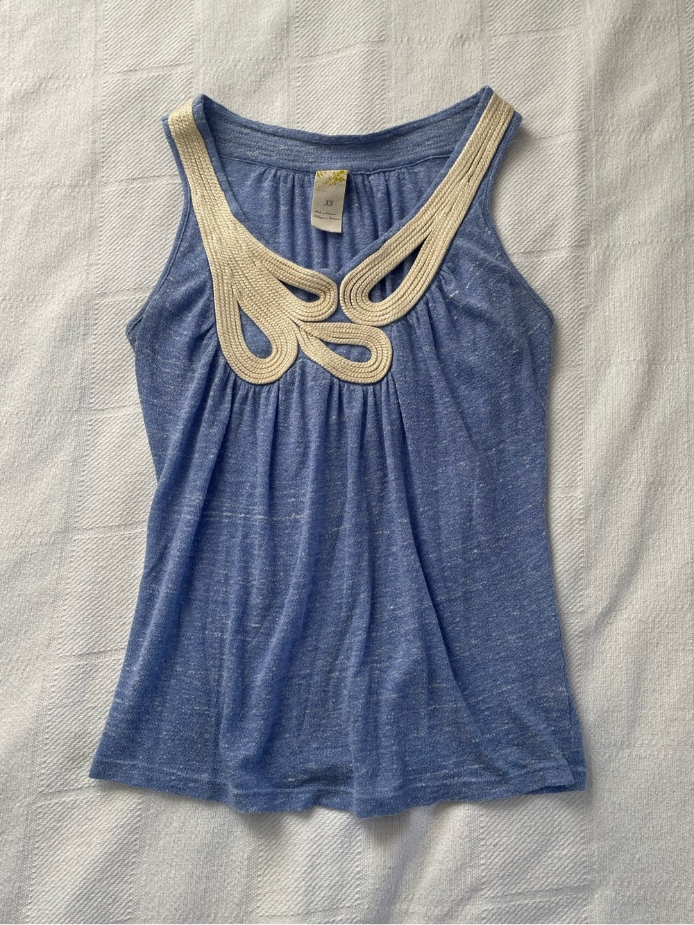 Free People Vintage Blue Tank Top with Cream Braided Neckline